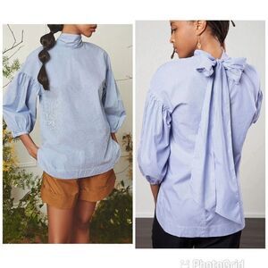 NWT Cara Cara Diane Striped Balloon Sleeve Ribbon Tie Blouse Blue White Small